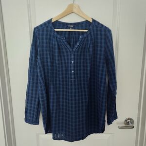 Lucky Brand Navy & Black Checkered Tunic Blouse, Size Large